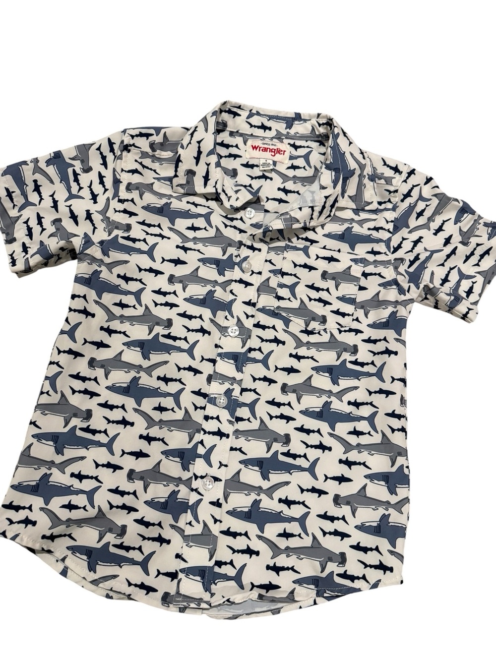 🦈Wrangler Boys' Shark-Print Short Sleeve Casual Button Down Shirt | 6T